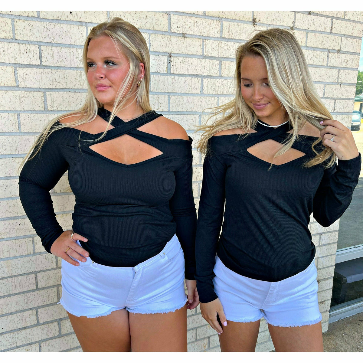 Henzli Black Rib Cut Out Long Sleeve Top