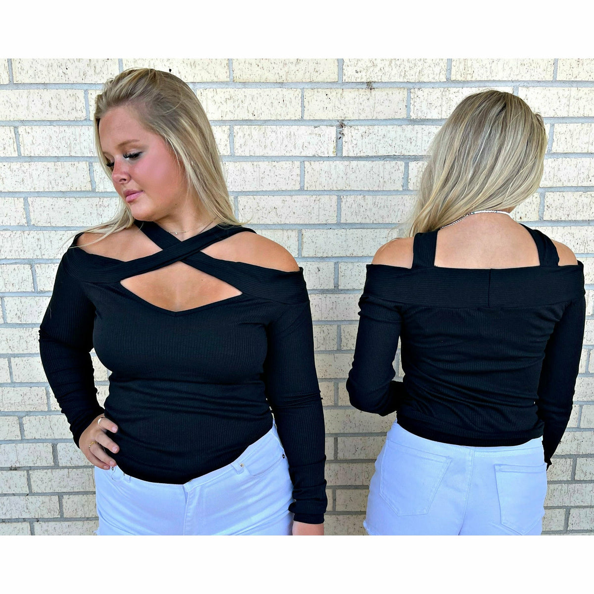 Henzli Black Rib Cut Out Long Sleeve Top