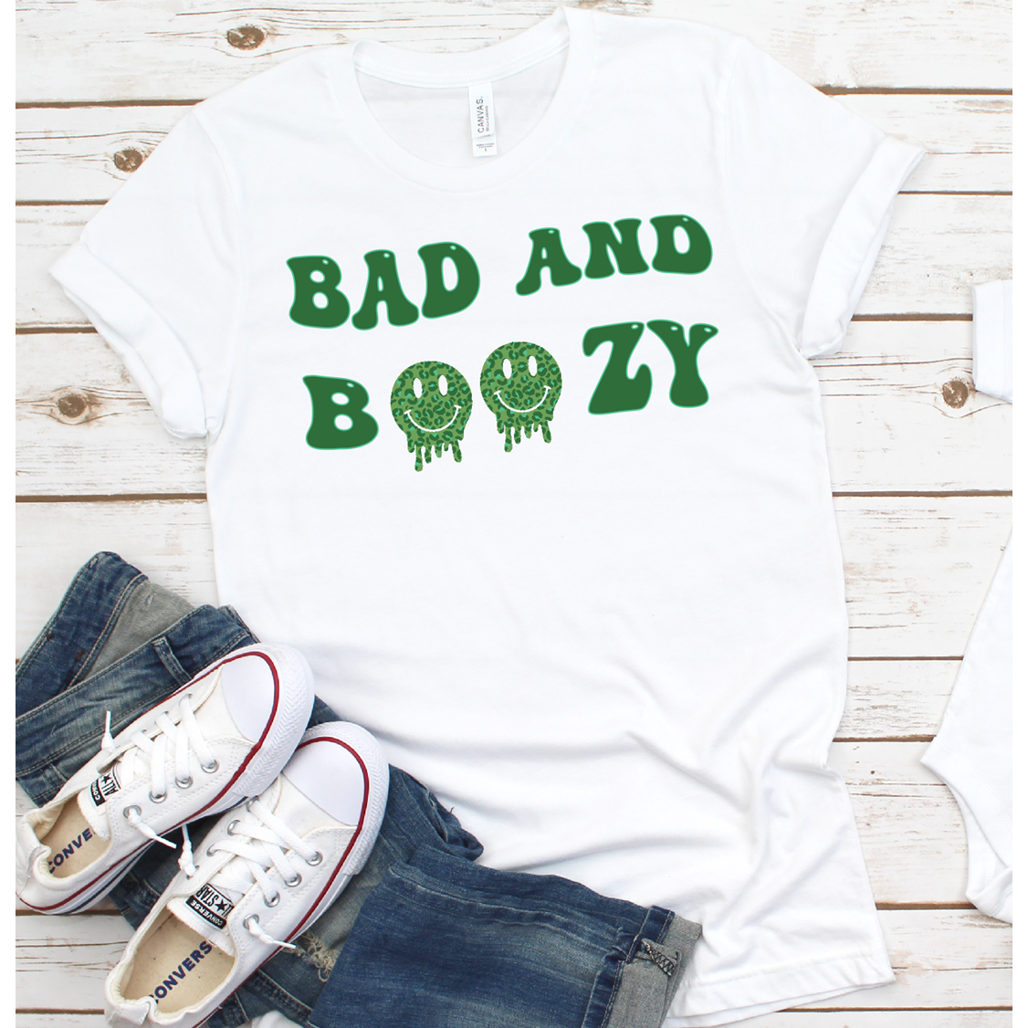 Bad and Boozy Green Smiley ST PAtricks Tee or Sweatshirt