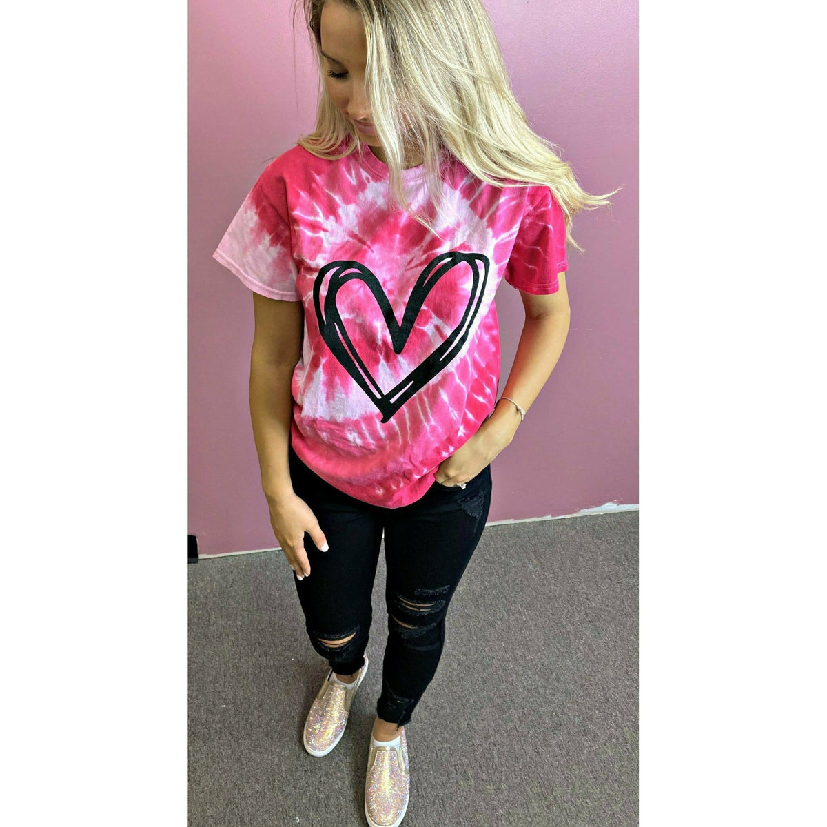 Pink Tie dye Heart Tee