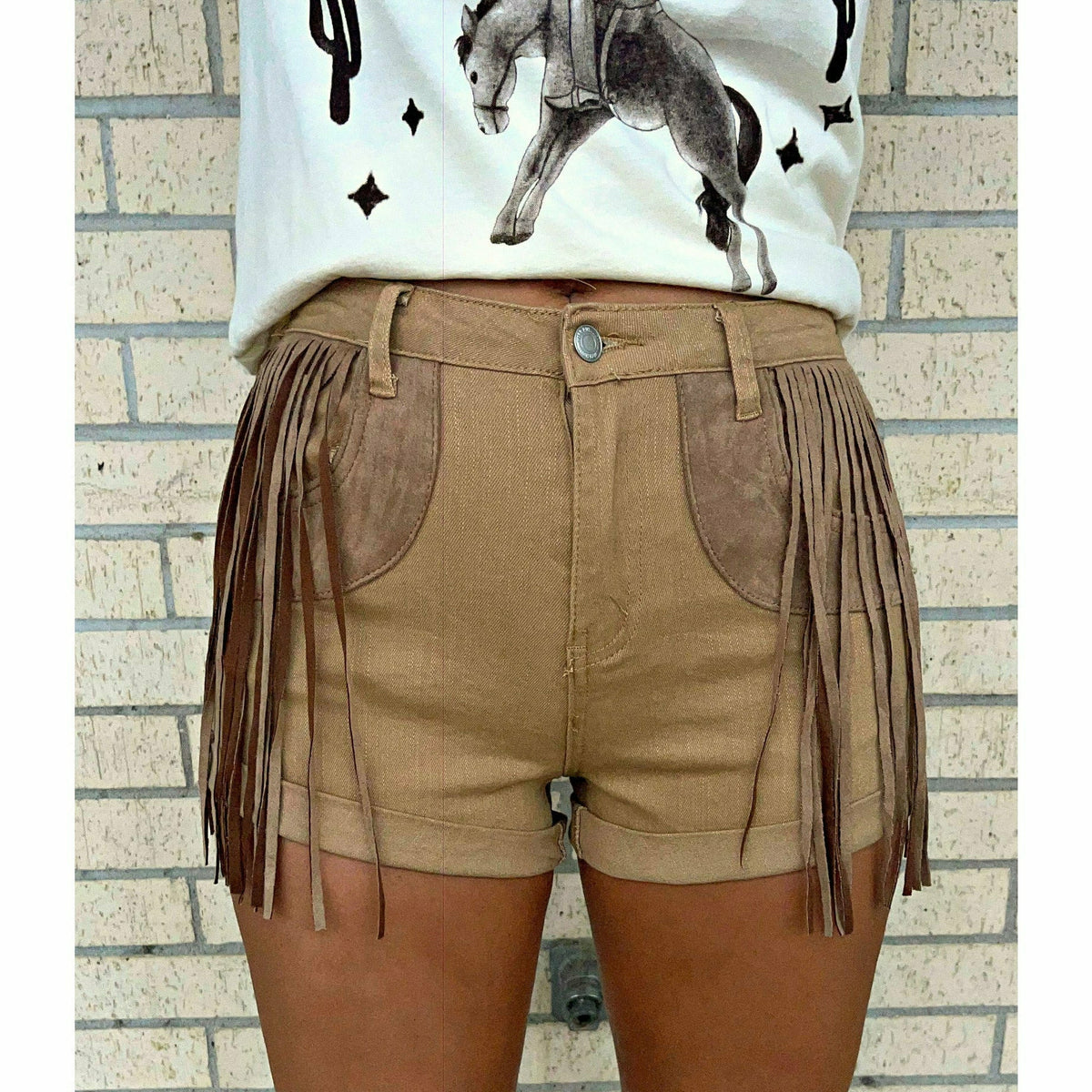 Emilee Tan Denim Shorts with Fringe