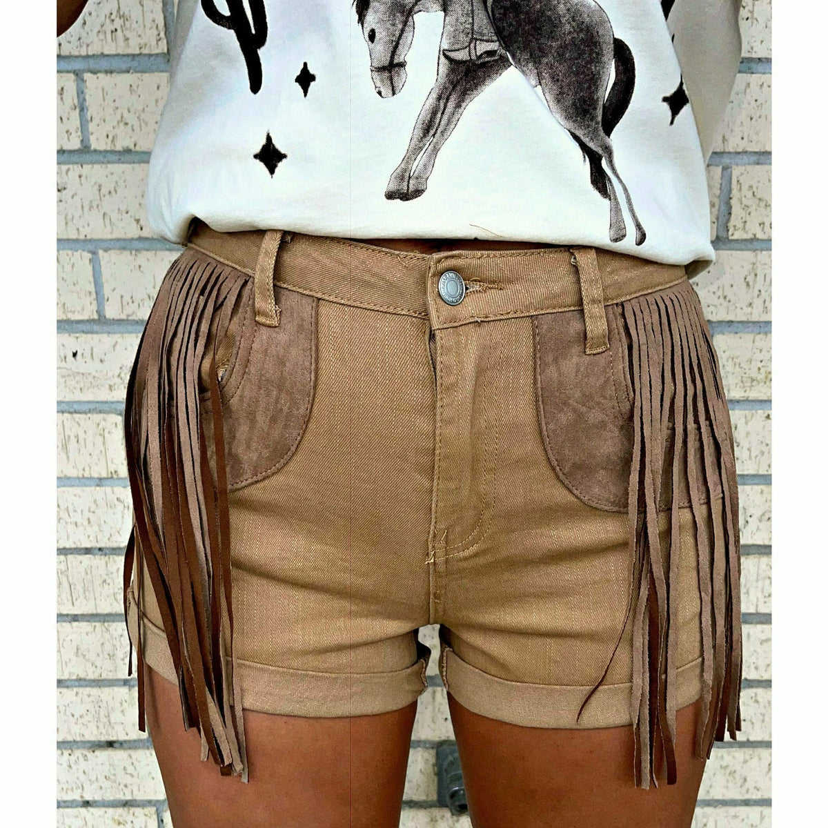 Emilee Tan Denim Shorts with Fringe